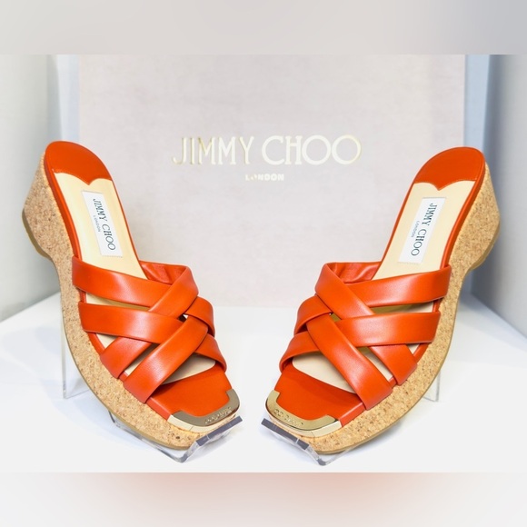 Jimmy Choo Shoes - Jimmy Choo Maribou 50 Platform Wedge Slide Sandals Orange Napa Leather Size 38